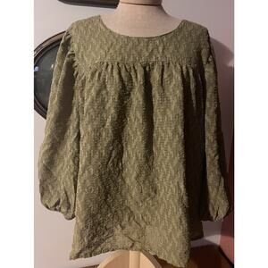 Ophelia Roe Blouse Olive Green Textured Gauze 2X Balloon Puff 3/4 Sleeve Boho2